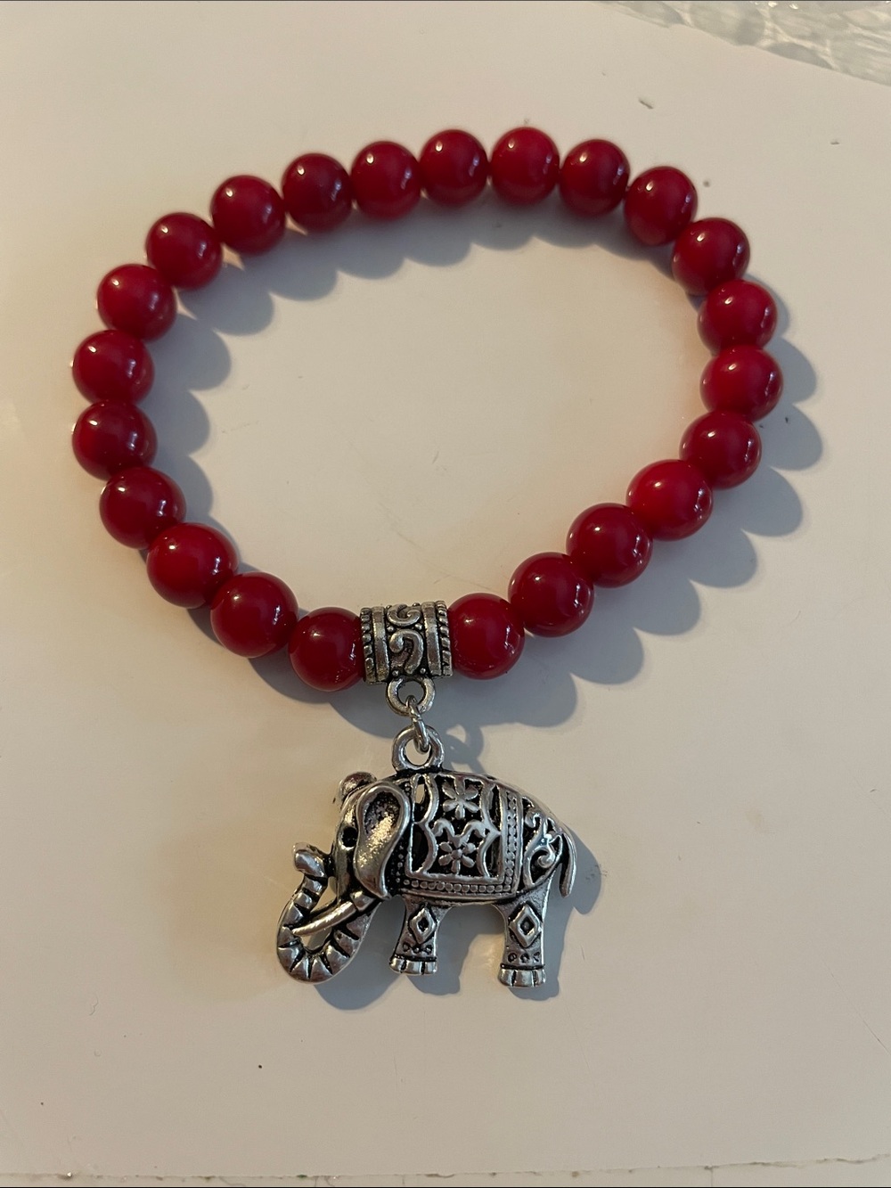 Reddish Brown Gemstone Beaded Elephant Charm Stretch Bracelet